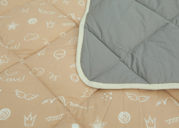 (Special4) Organic Cotton Play Mat/Quilted Blanket - Solid Gray/Love Hazelnut Reversible
