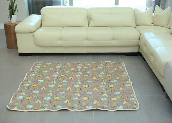 Organic Cotton Play Mat/Quilted Blanket - Forest Friends/Mint Pebbles Reversible