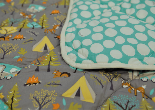 Organic Cotton Play Mat/Quilted Blanket - Forest Friends/Mint Pebbles Reversible