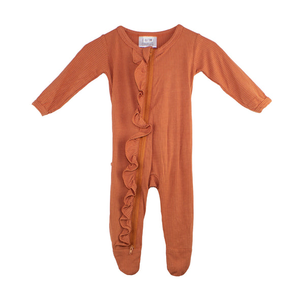 Ruffle 2 Way Zip Romper - Ribbed Rust