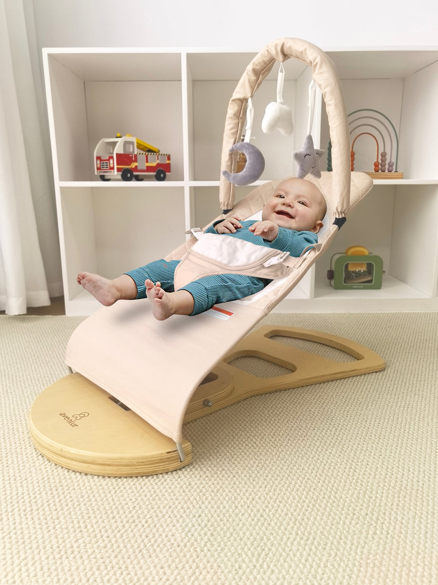 Avenlur Fir Baby Bouncer – Foldable Wooden Baby Rocker with Play Arch ...
