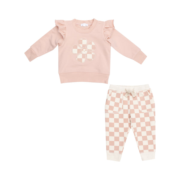 Ruffle Sweatshirt + Paperbag Jogger - Checkerboard Pink