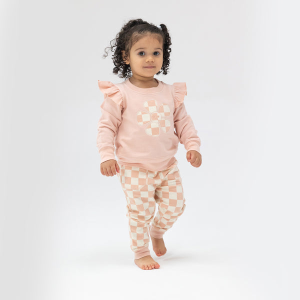 Ruffle Sweatshirt + Paperbag Jogger - Checkerboard Pink