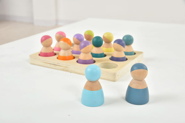 Wooden Rainbow Peg Dolls Figures 12 Piece Set