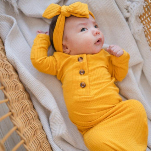 Knotted Baby Gown - Ribbed Mustard