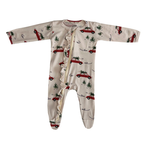 Ruffle 2 Way Zip Romper - Vintage Christmas