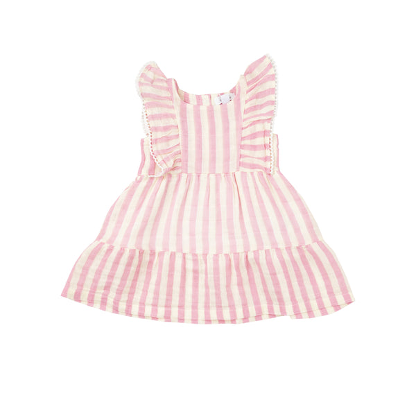 Picot Edged Dress + Diaper Cover - Pink Stripe