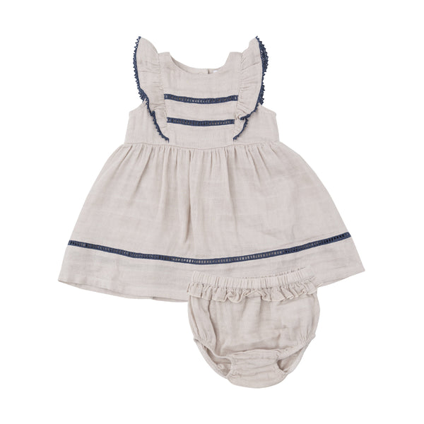 Ruffle Dress With Trim - Oatmeal Solid Muslin