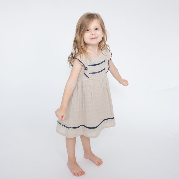 Ruffle Dress With Trim - Oatmeal Solid Muslin