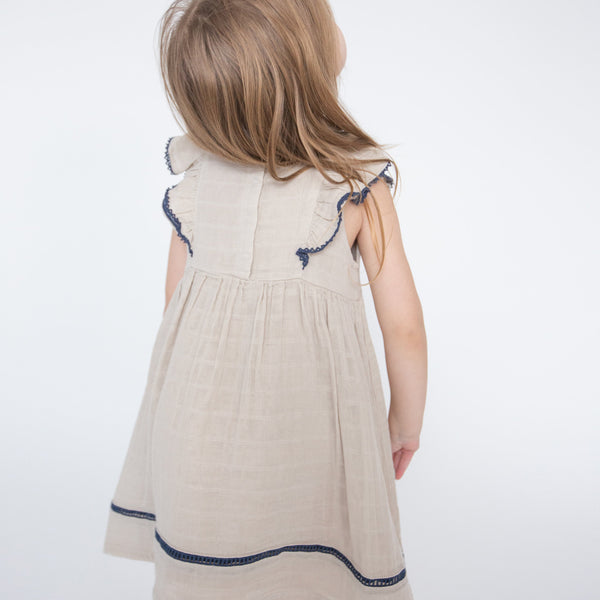 Ruffle Dress With Trim - Oatmeal Solid Muslin