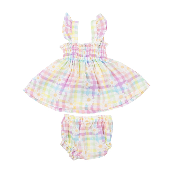 Ruffle Strap Smocked Top And Diaper Cover - Gingham Daisy