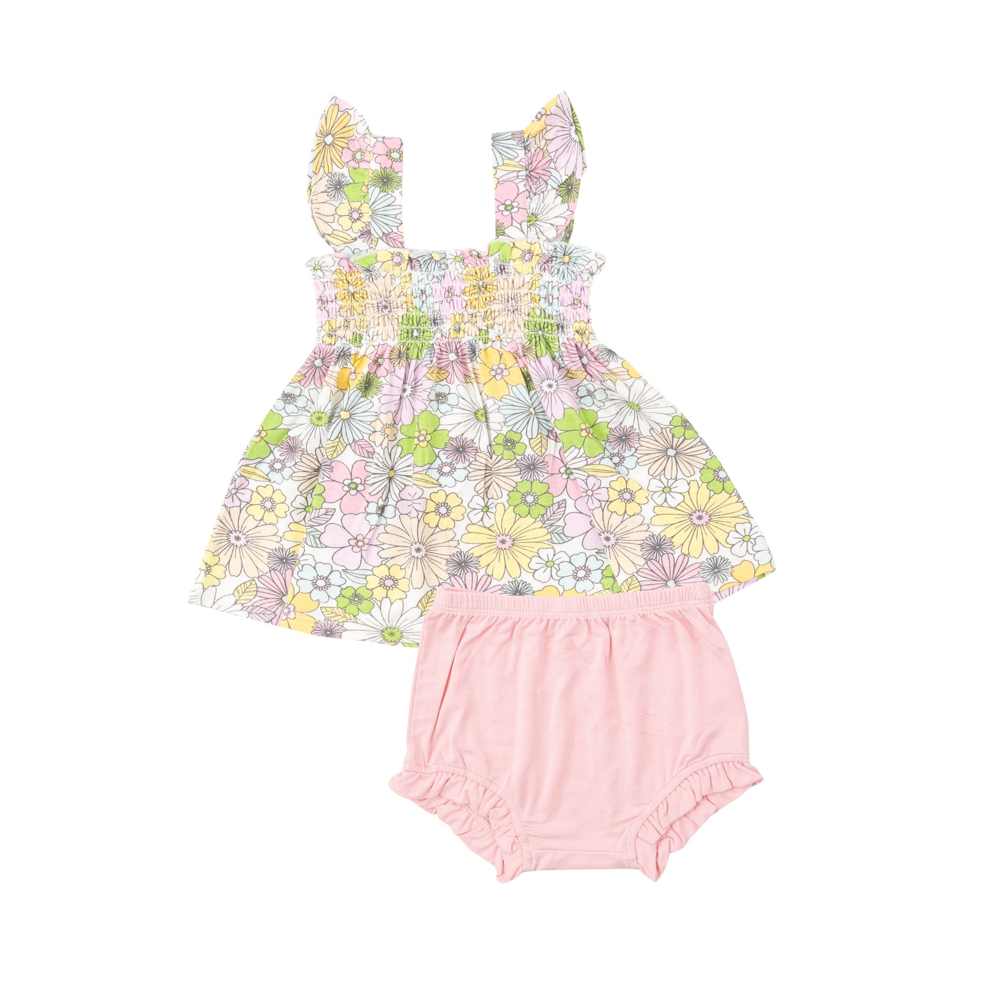 Ruffle Strap Smocked Top And Diaper Cover - Mixed Retro Floral