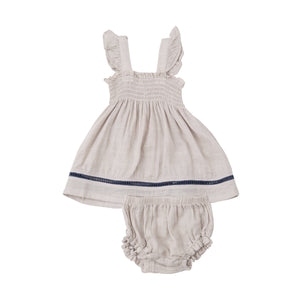 Ruffle Strap Smocked Top And Diaper Cover With Trim - Oatmeal Solid Muslin