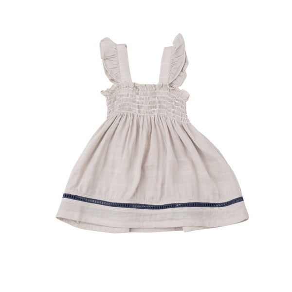 Ruffle Strap Smocked Top And Diaper Cover With Trim - Oatmeal Solid Muslin