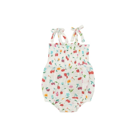 Tie Strap Smocked Bubble - Cherry