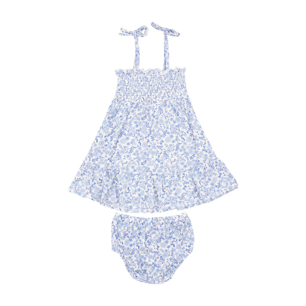 Tie Strap Smocked Sun Dresss Diaper Cover - Blue Calico Floral