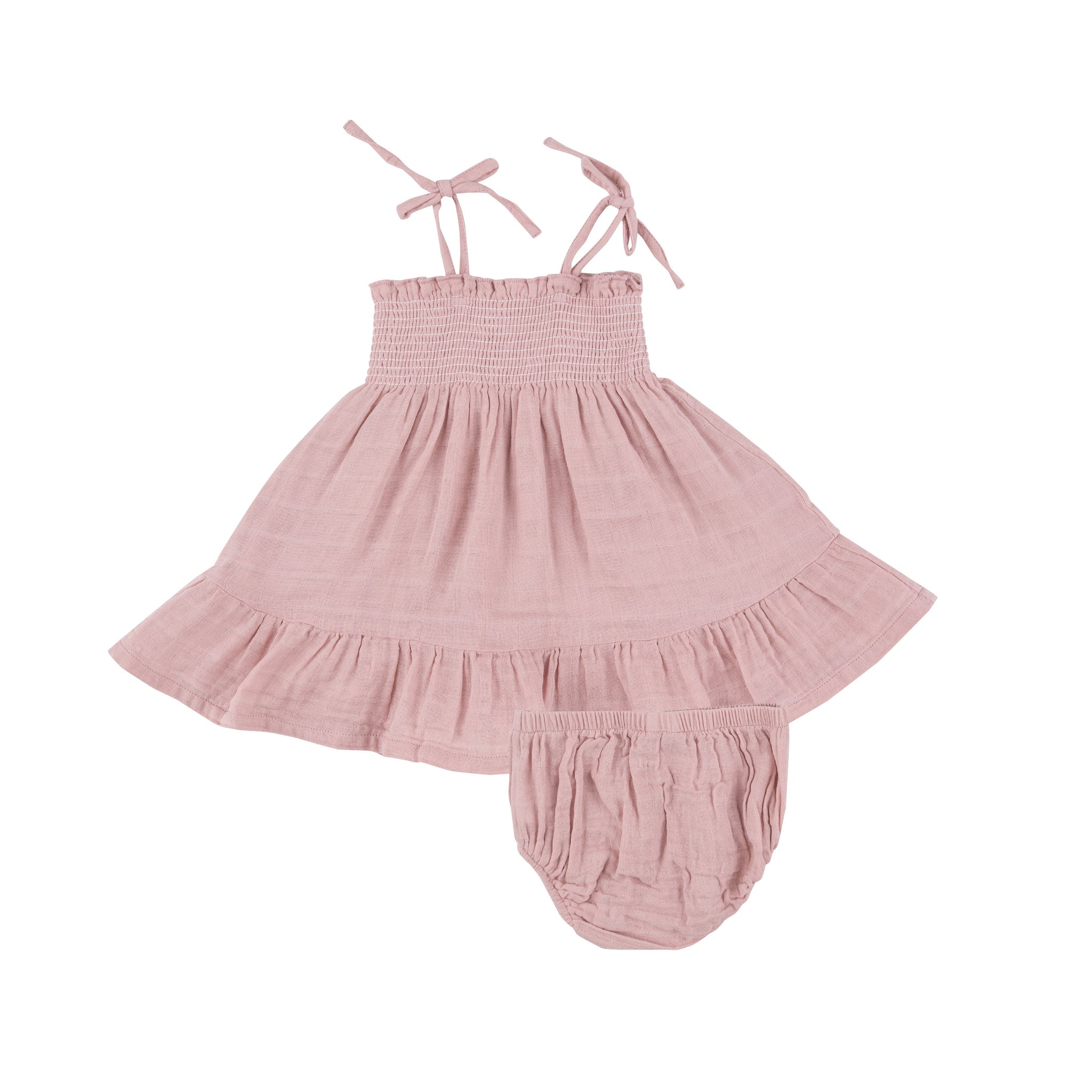 Tie Strap Smocked Sun Dresss Diaper Cover - Dusty Pink Solid Muslin