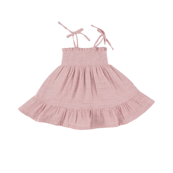 Tie Strap Smocked Sun Dresss Diaper Cover - Dusty Pink Solid Muslin