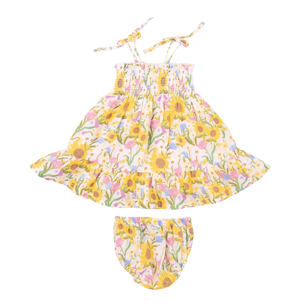 Tie Strap Smocked Sun Dresss Diaper Cover - Sunflower Dream Floral