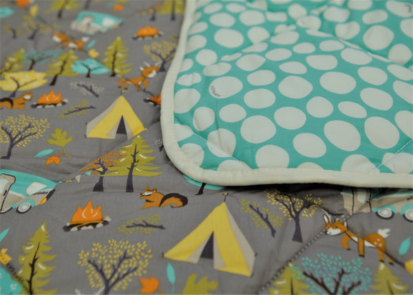 [CLEARANCE, FINAL SALE] Organic Cotton Play Mat/Quilted Blanket - Forest Friends/Mint Pebbles Reversible